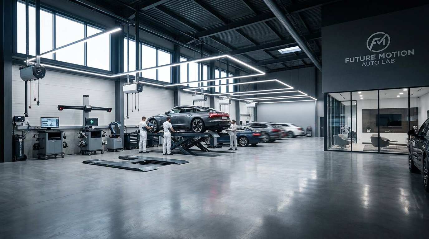 Professional modern auto service interior, clean, high-tech tools, cinematic lighting, blurred background of a premium garage, 16:9, high resolution